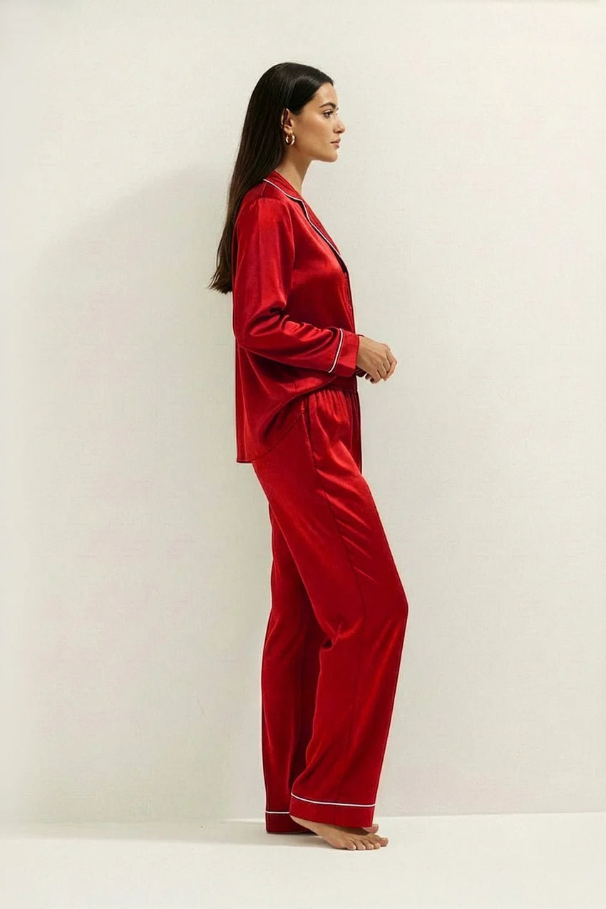 Silky Button Down Pajamas Set- Red
