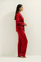 Silky Button Down Pajamas Set- Red