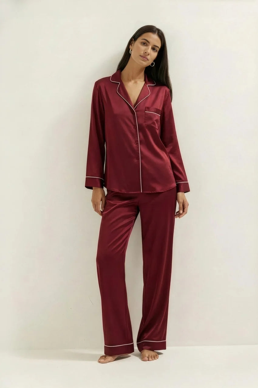 Silky Button Down Pajamas Set- Maroon