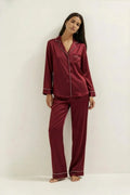 Silky Button Down Pajamas Set- Maroon