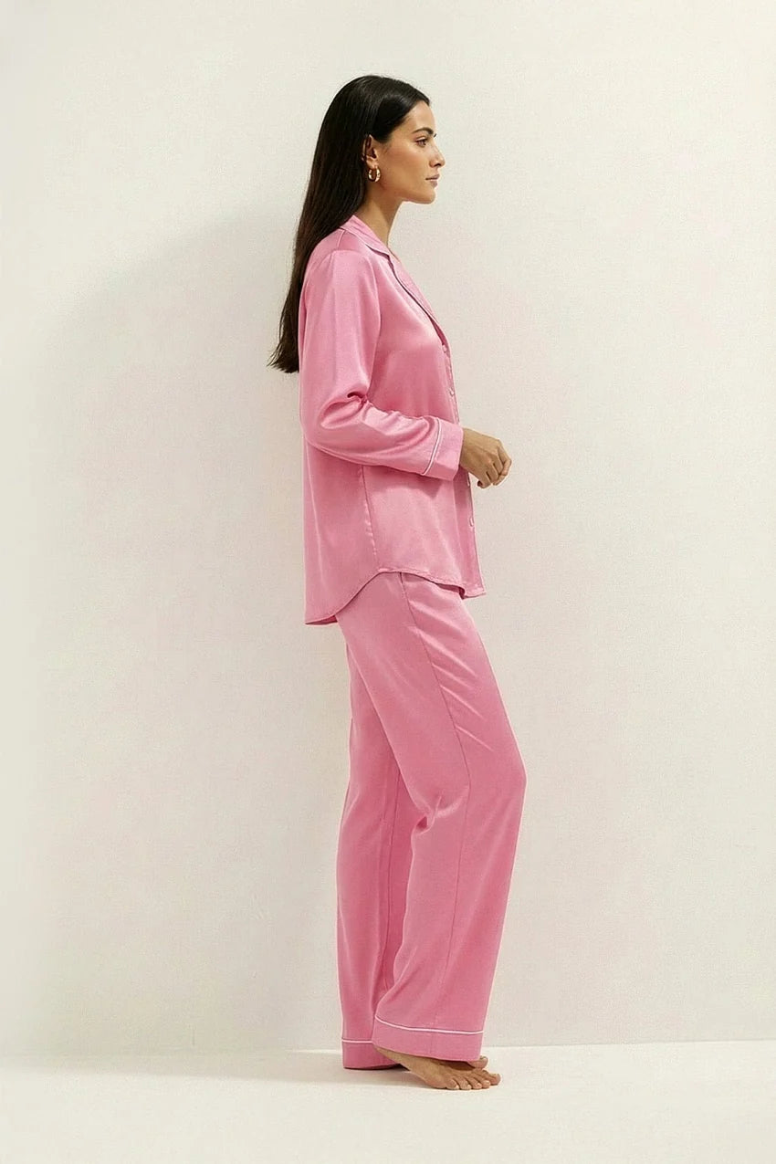 Silky Button Down Pajamas Set- Tea Pink