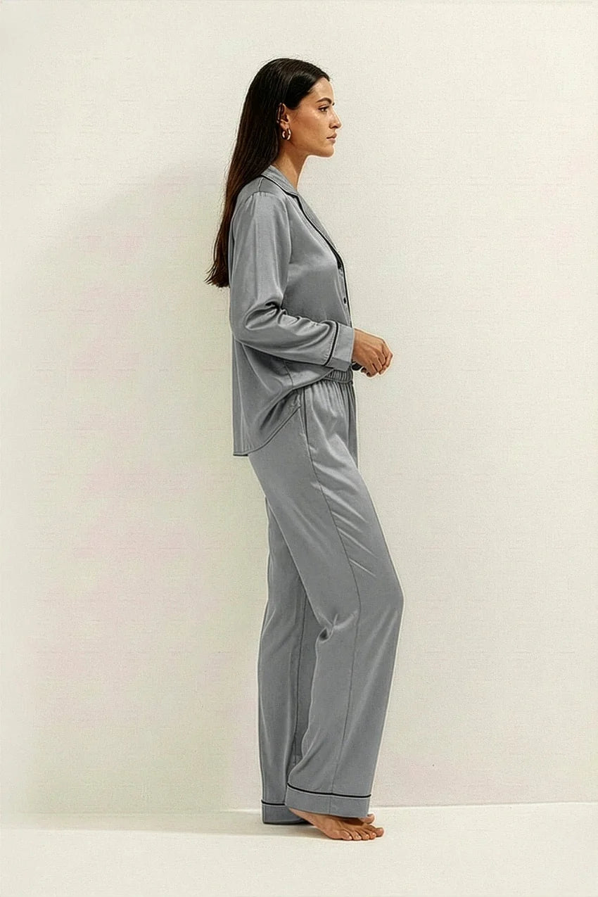 Silky Button Down Pajamas Set- GREY