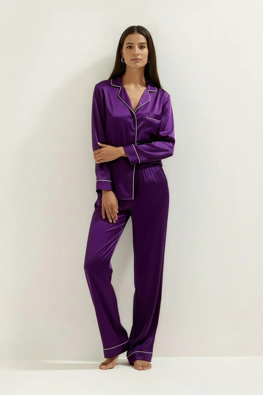 Silky Button Down Pajamas Set- Purple