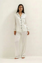 Silky Button Down Pajamas Set- White