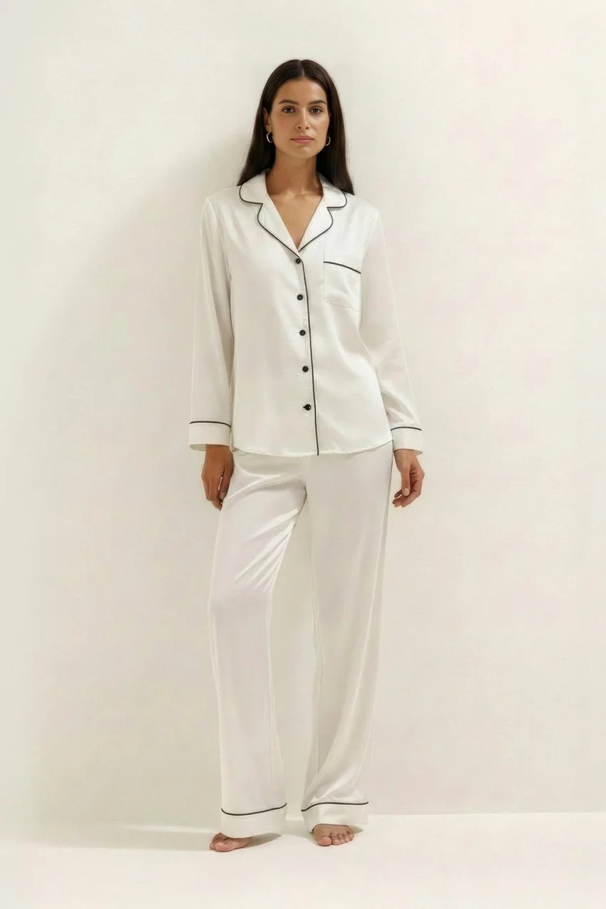 Silky Button Down Pajamas Set- White