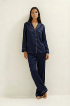 Silky Button Down Pajamas Set- Dark Blue