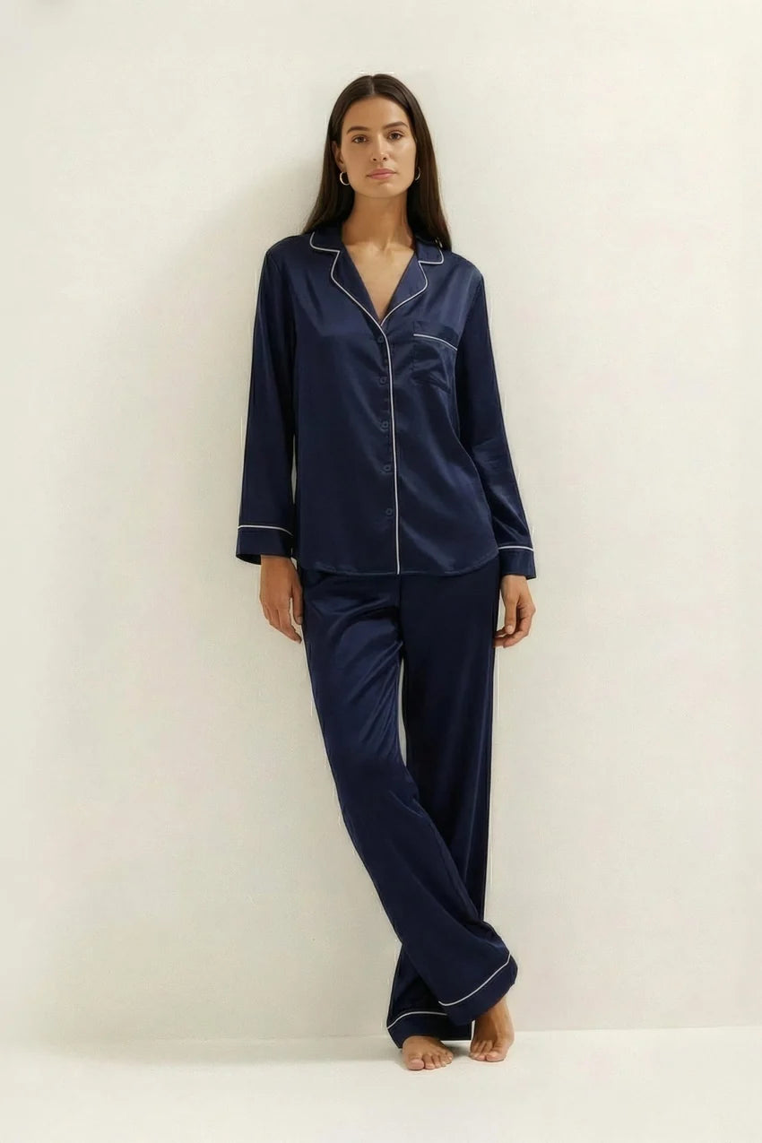 Silky Button Down Pajamas Set- Dark Blue