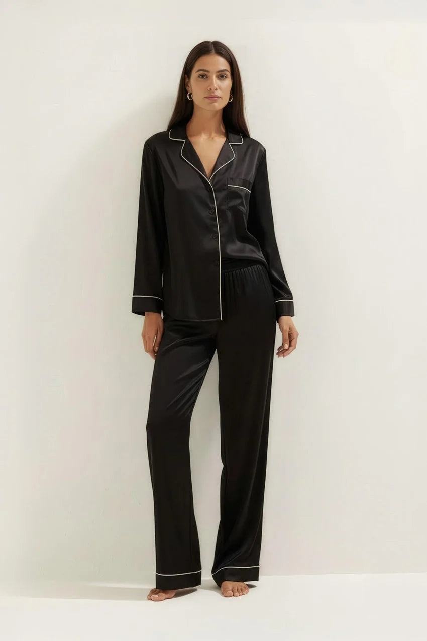 Silky Button Down Pajamas Set- Black