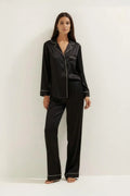 Silky Button Down Pajamas Set- Black