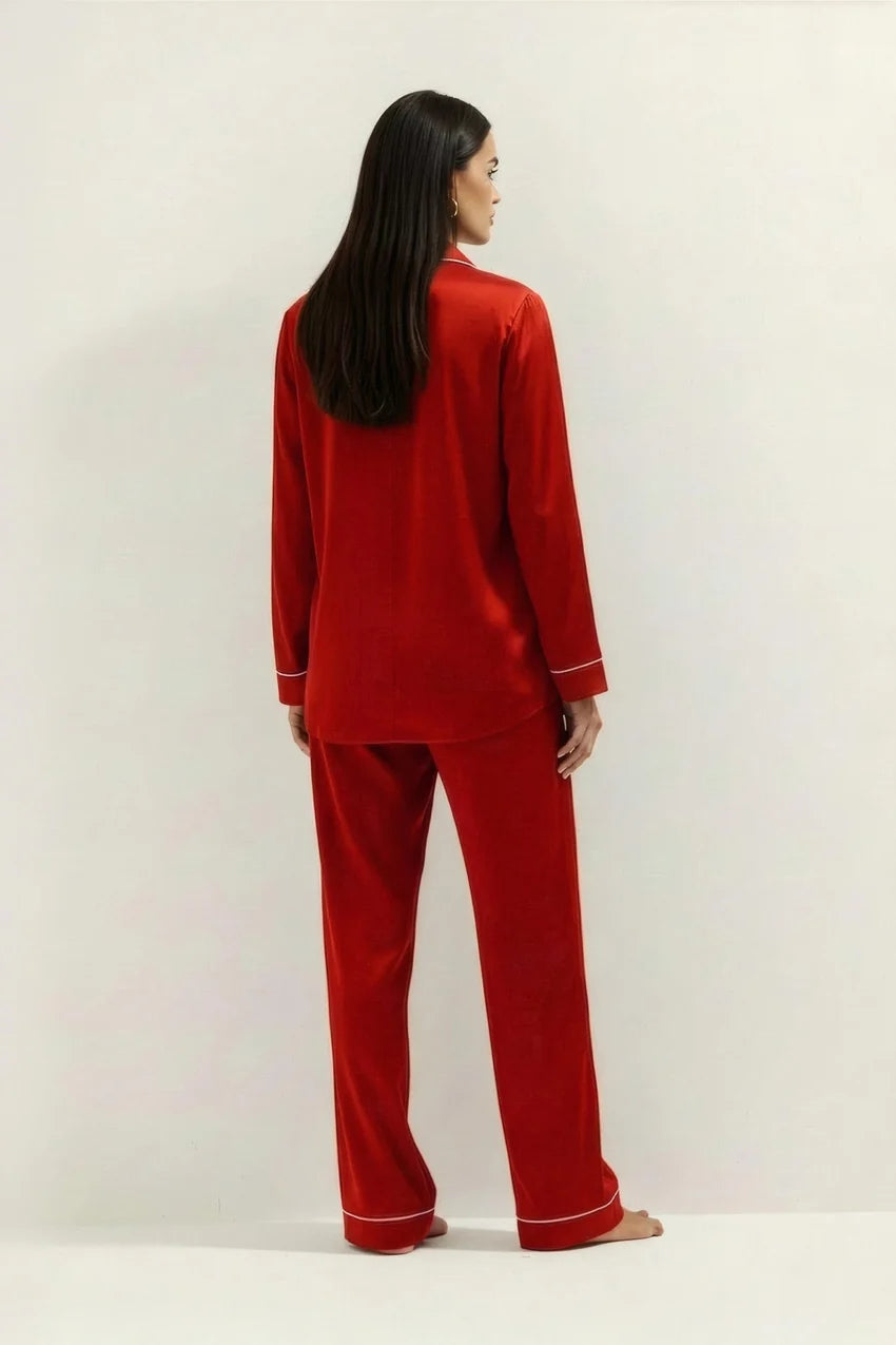 Silky Button Down Pajamas Set- Red