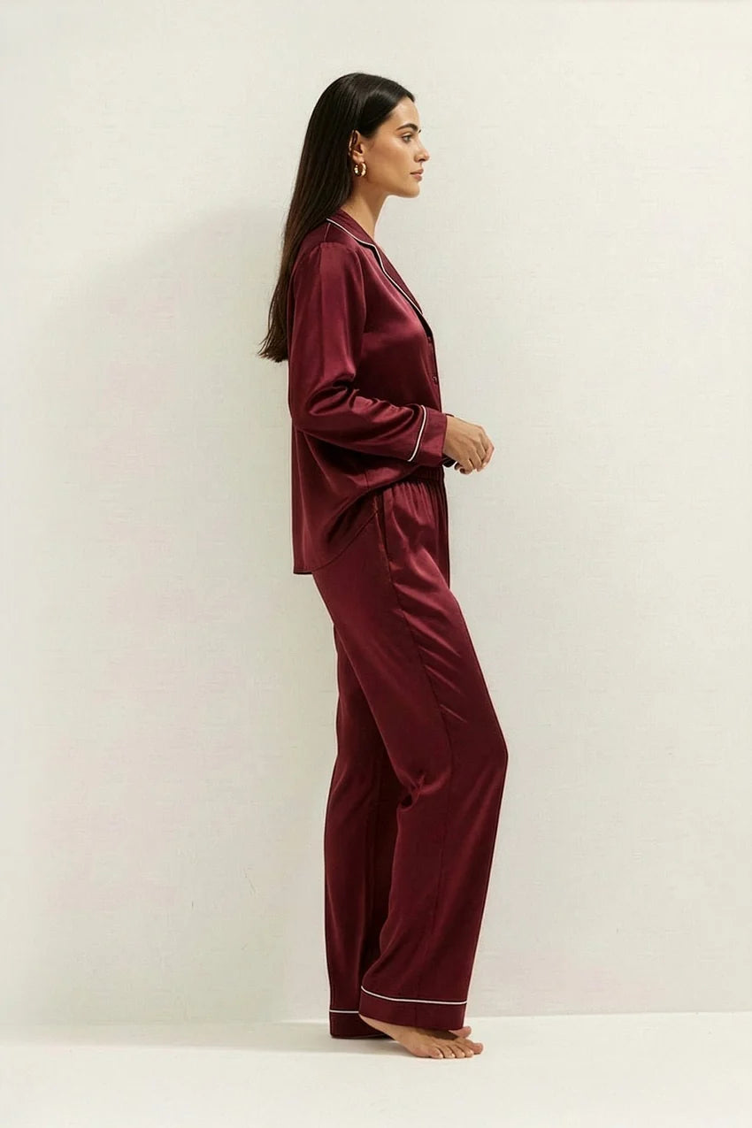 Silky Button Down Pajamas Set- Maroon