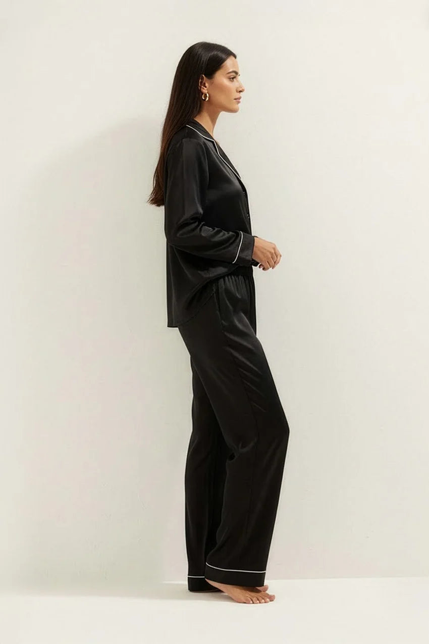 Silky Button Down Pajamas Set- Black