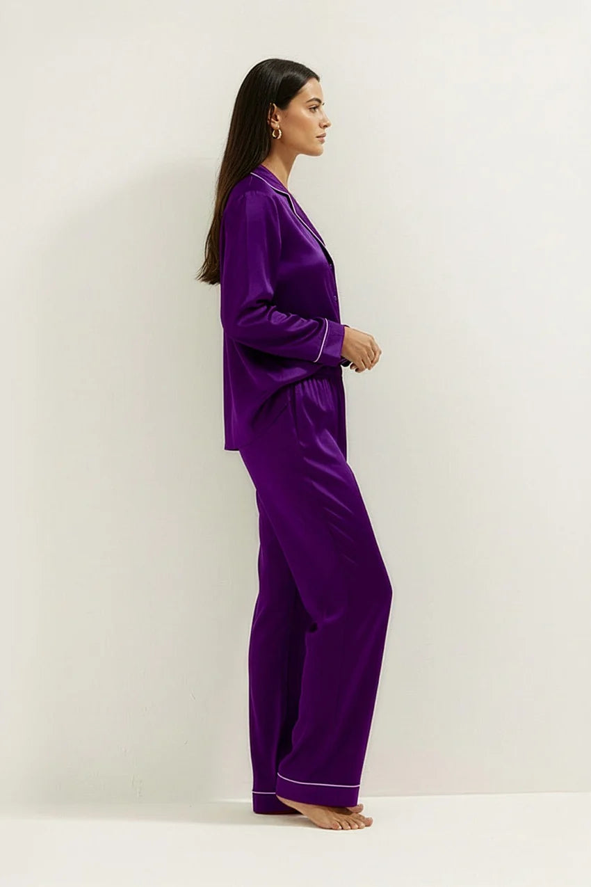 Silky Button Down Pajamas Set- Purple