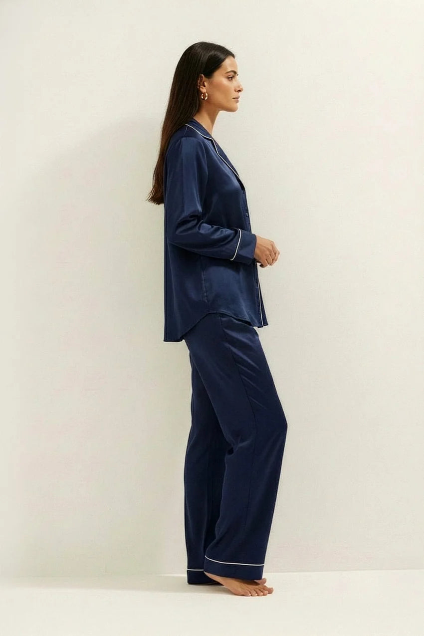 Silky Button Down Pajamas Set- Dark Blue
