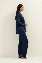 Silky Button Down Pajamas Set- Dark Blue