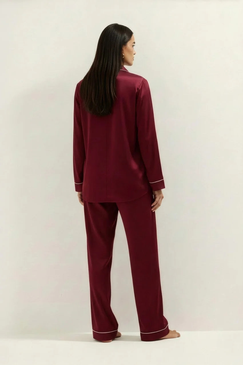 Silky Button Down Pajamas Set- Maroon