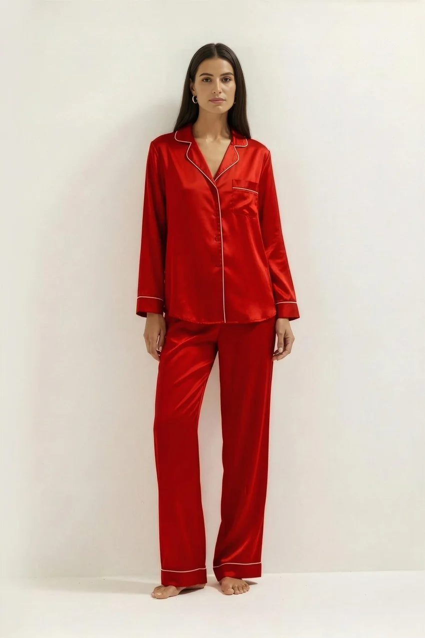 Silky Button Down Pajamas Set- Red