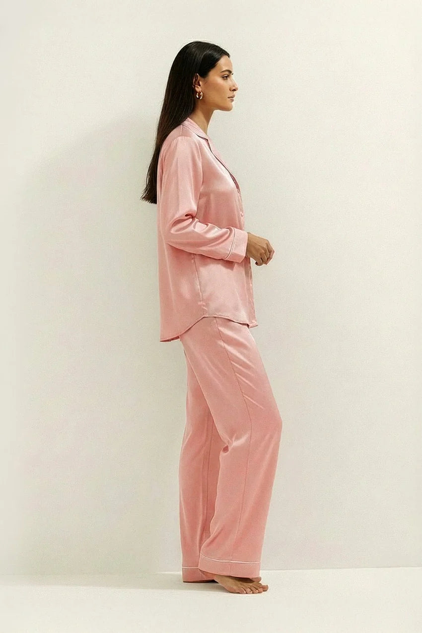 Silky Button Down Pajamas Set- Dusty Rose