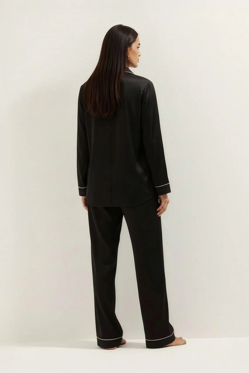 Silky Button Down Pajamas Set- Black