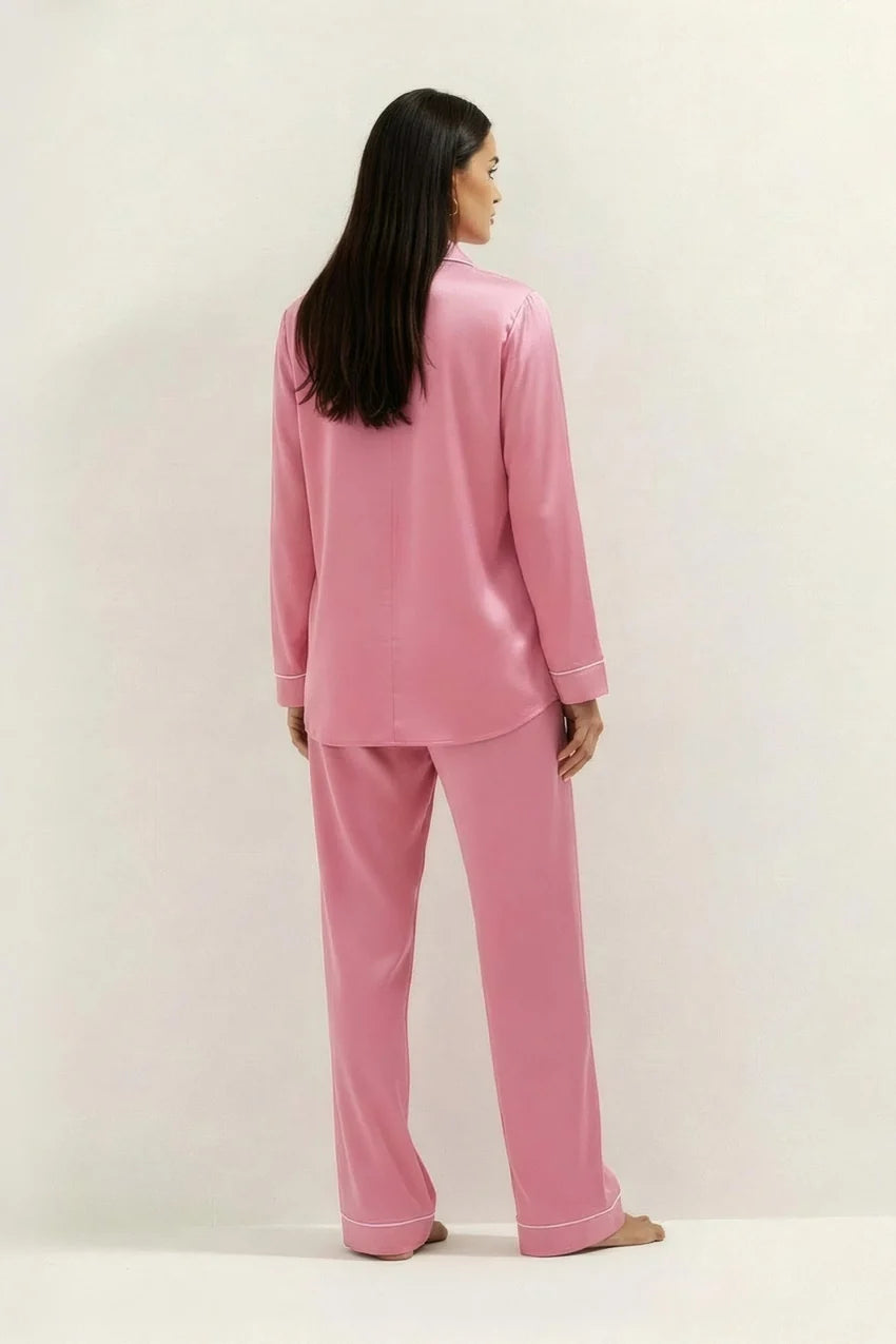 Silky Button Down Pajamas Set- Tea Pink
