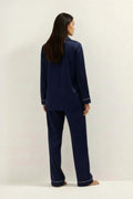 Silky Button Down Pajamas Set- Dark Blue