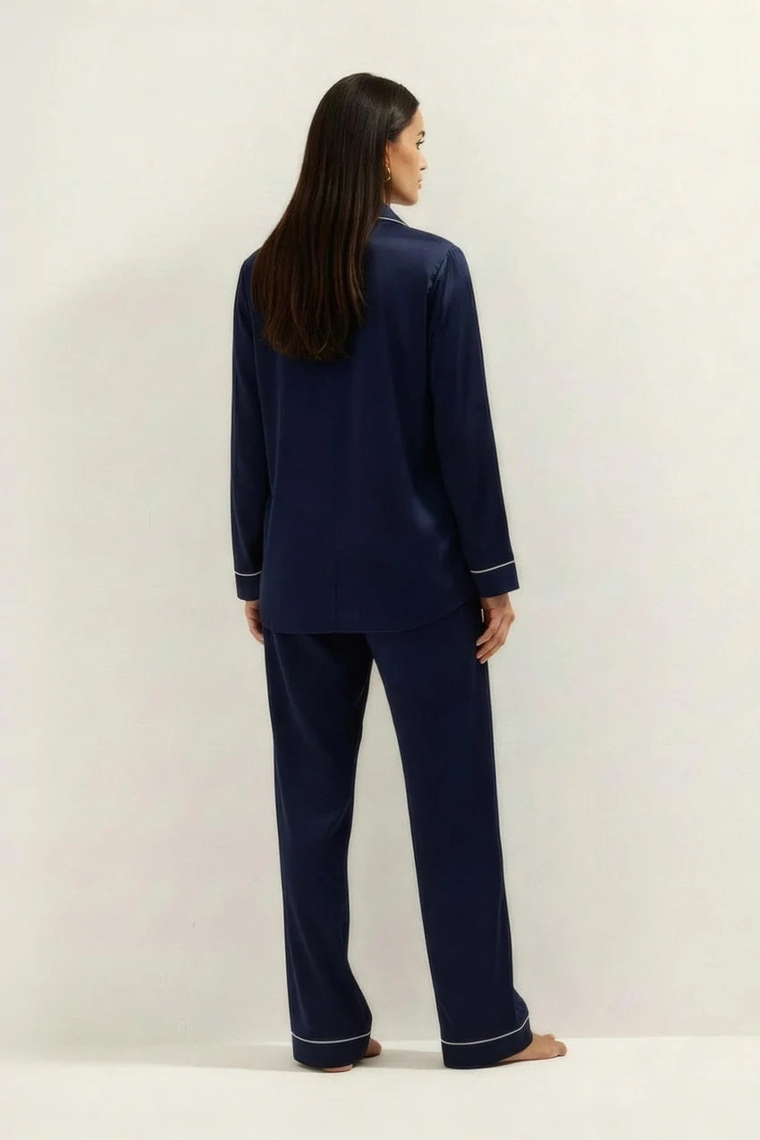 Silky Button Down Pajamas Set- Dark Blue