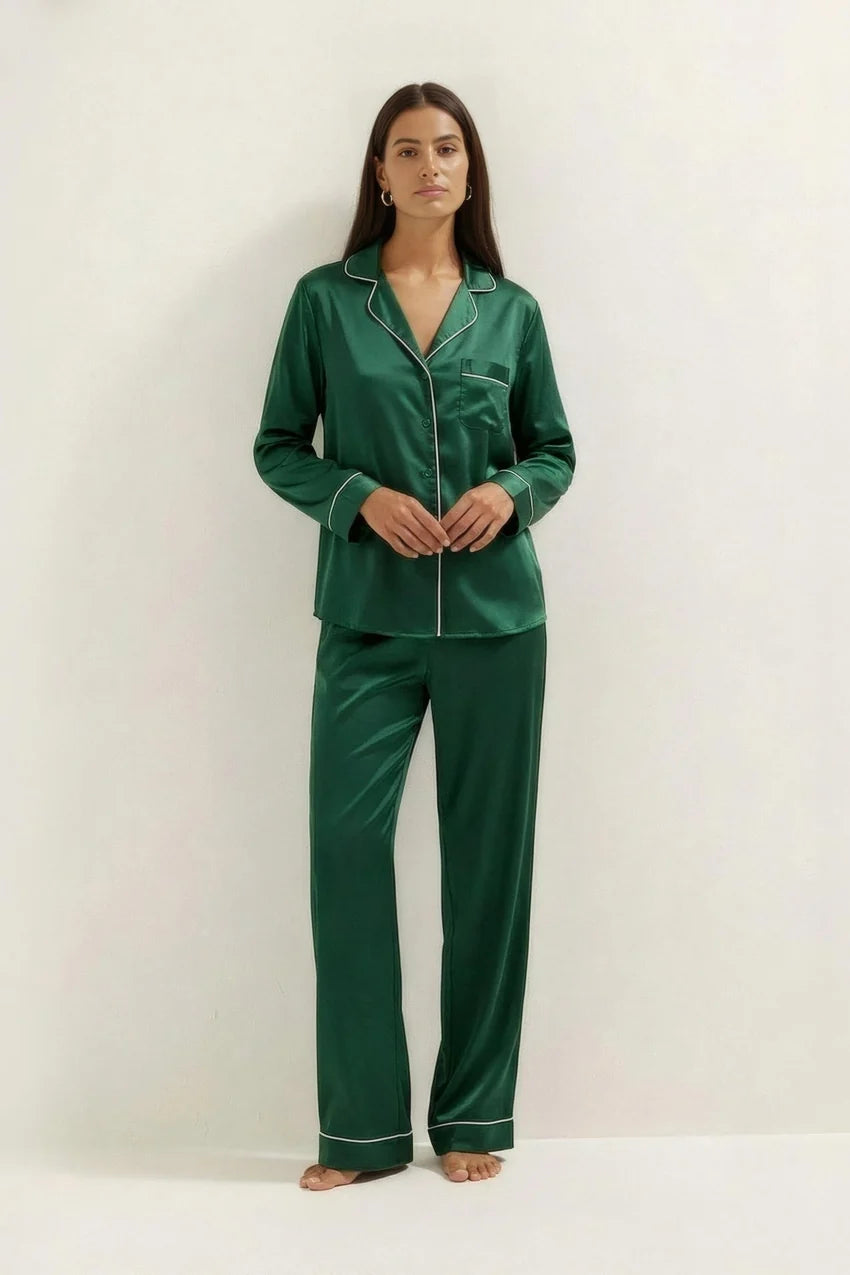 Silky Button Down Pajamas Set- Teal