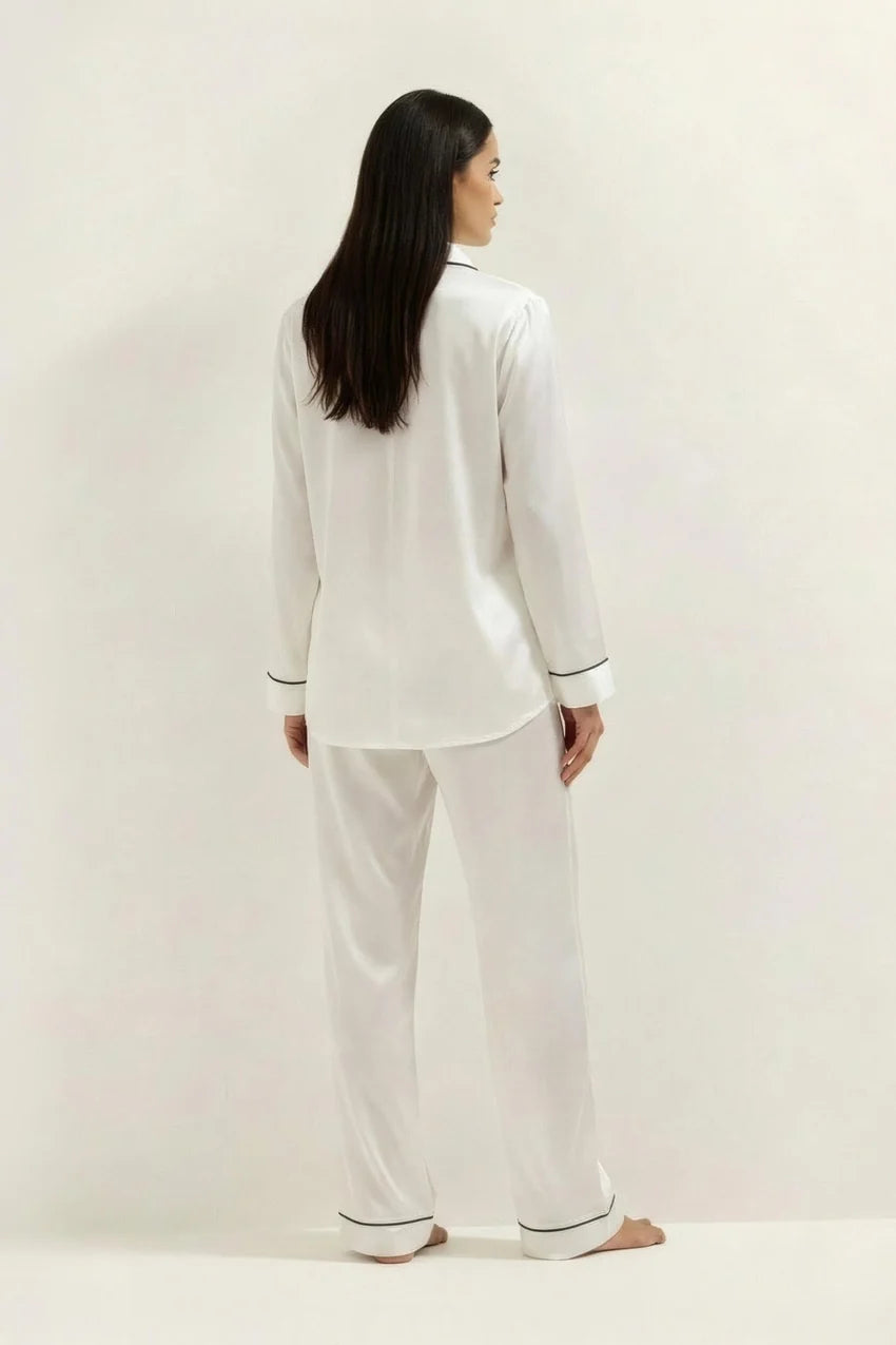 Silky Button Down Pajamas Set- White