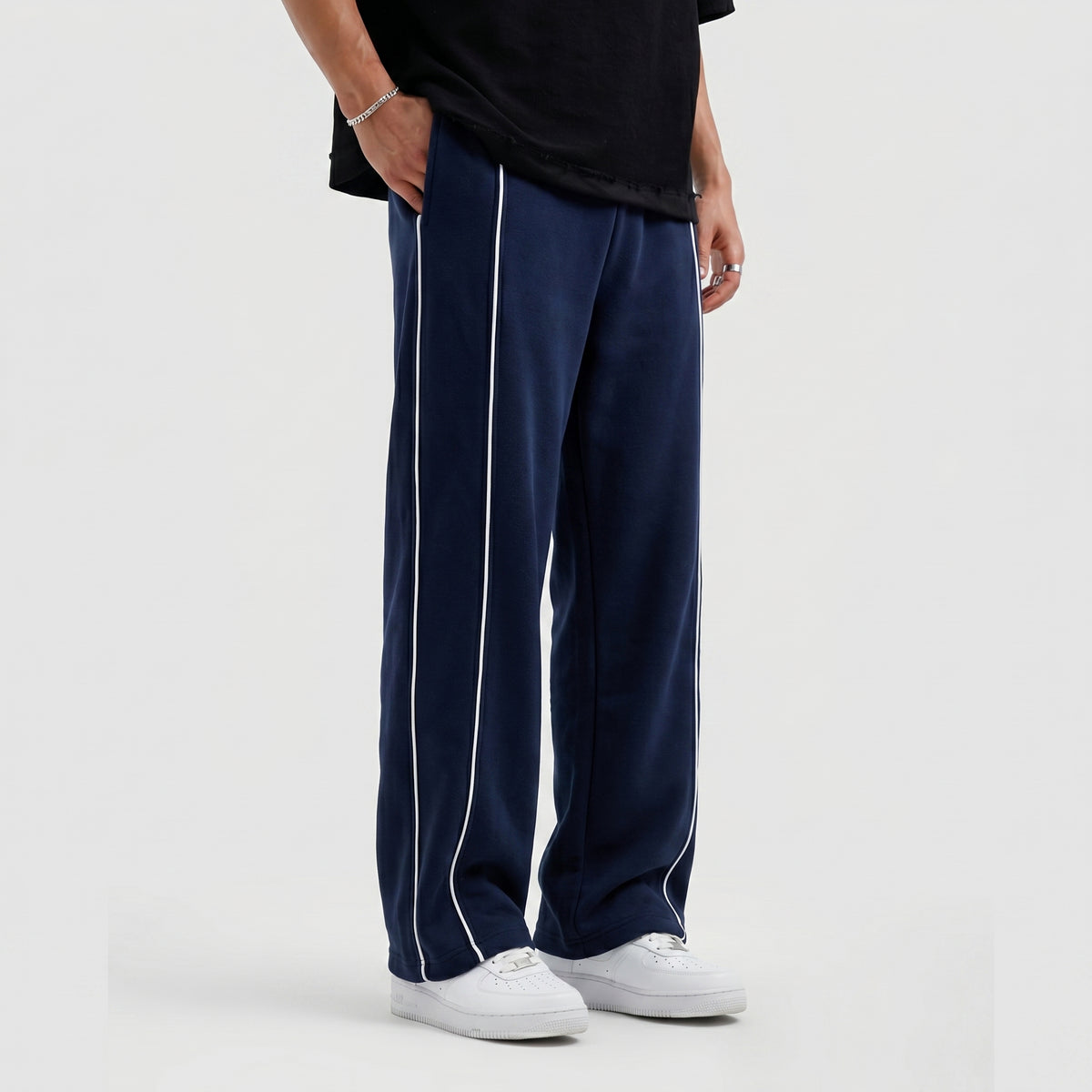Mens Trouser With White Strips- navy
