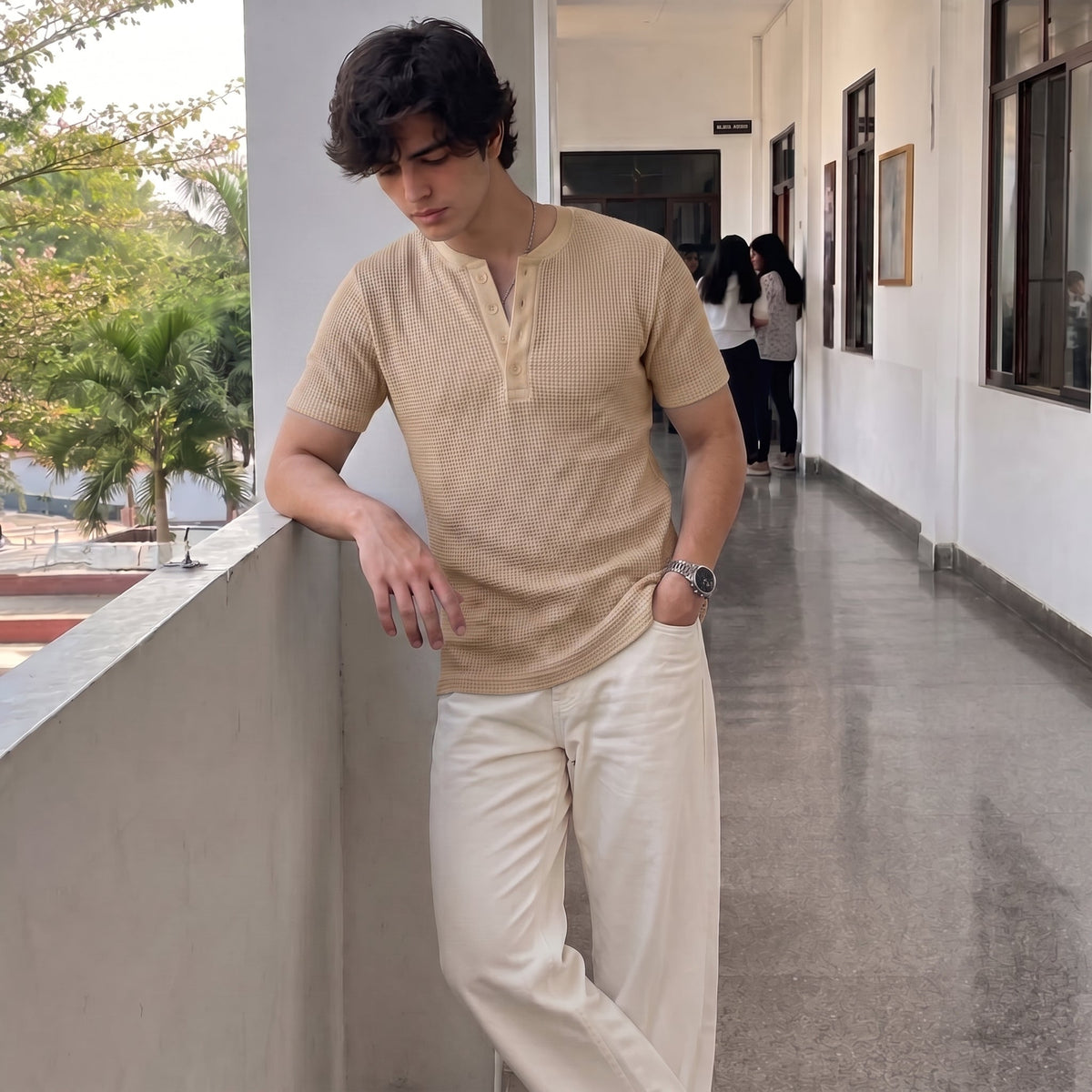 Waffle Knit Henley - BIege - Half Sleeves