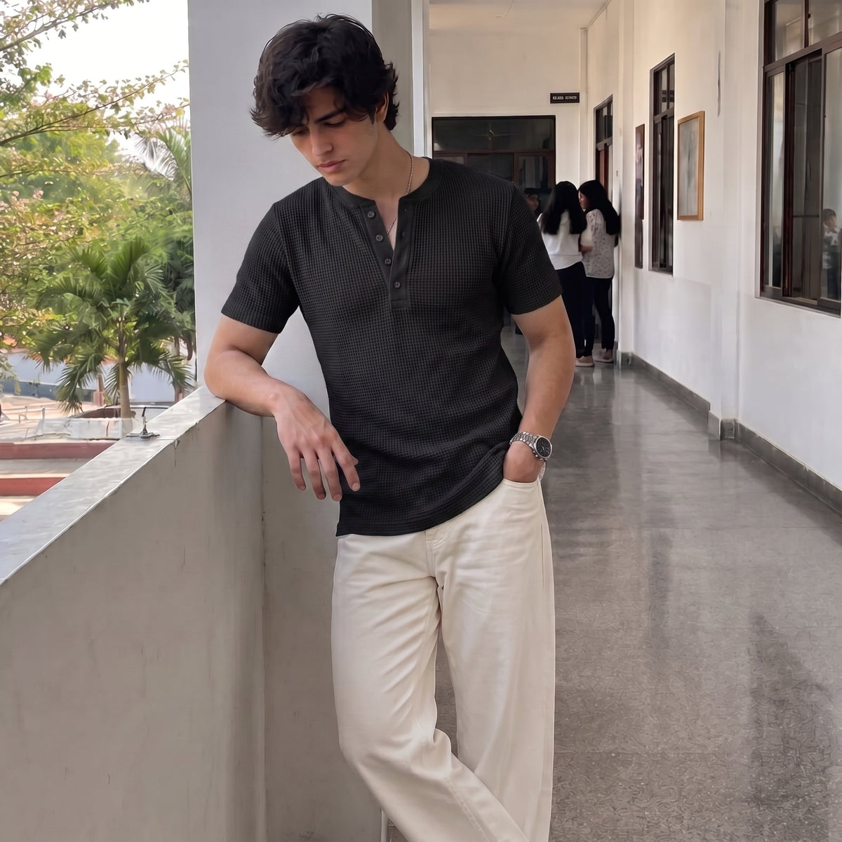Waffle Knit Henley - Black - Half Sleeves