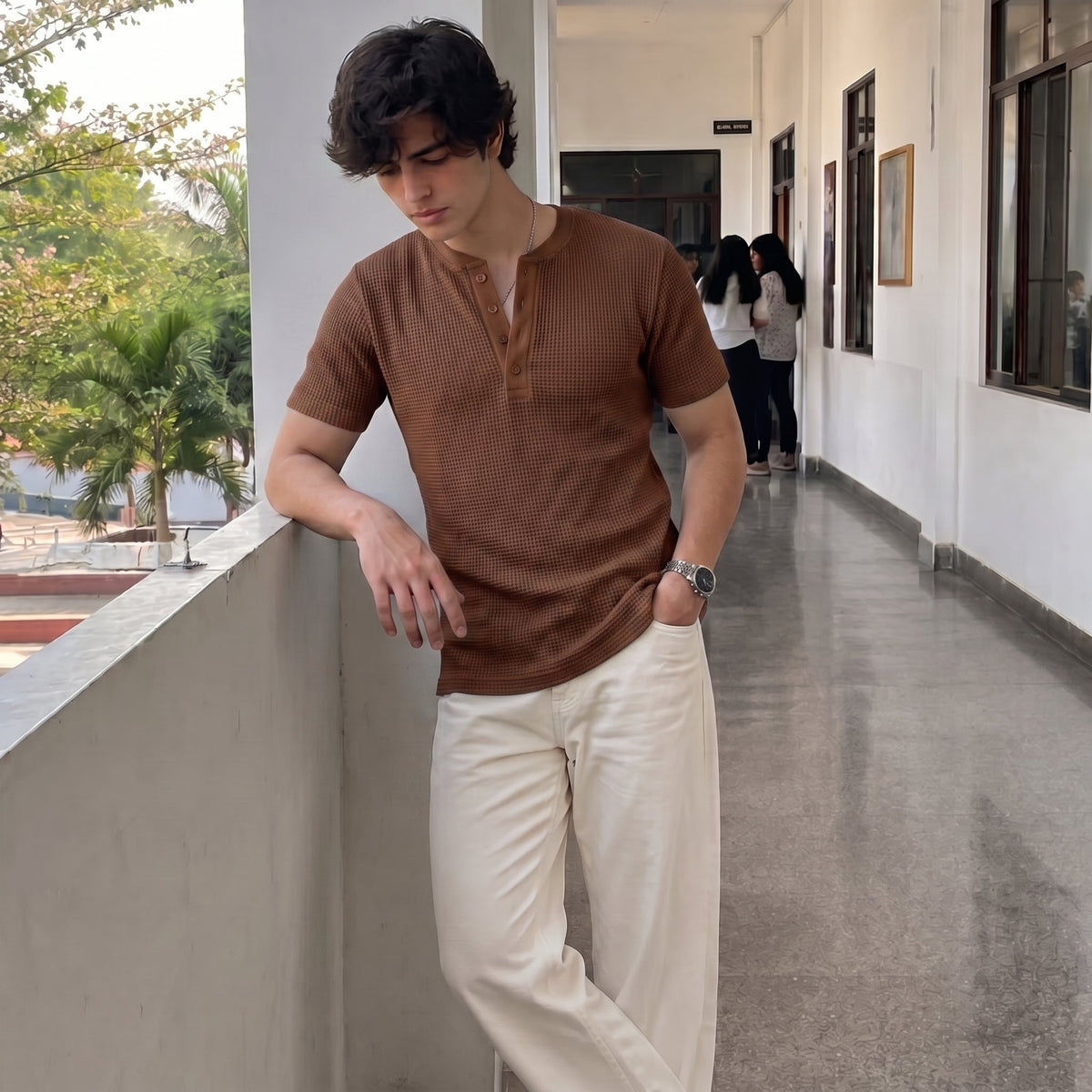 Waffle Knit Henley - Brown - Half Sleeves