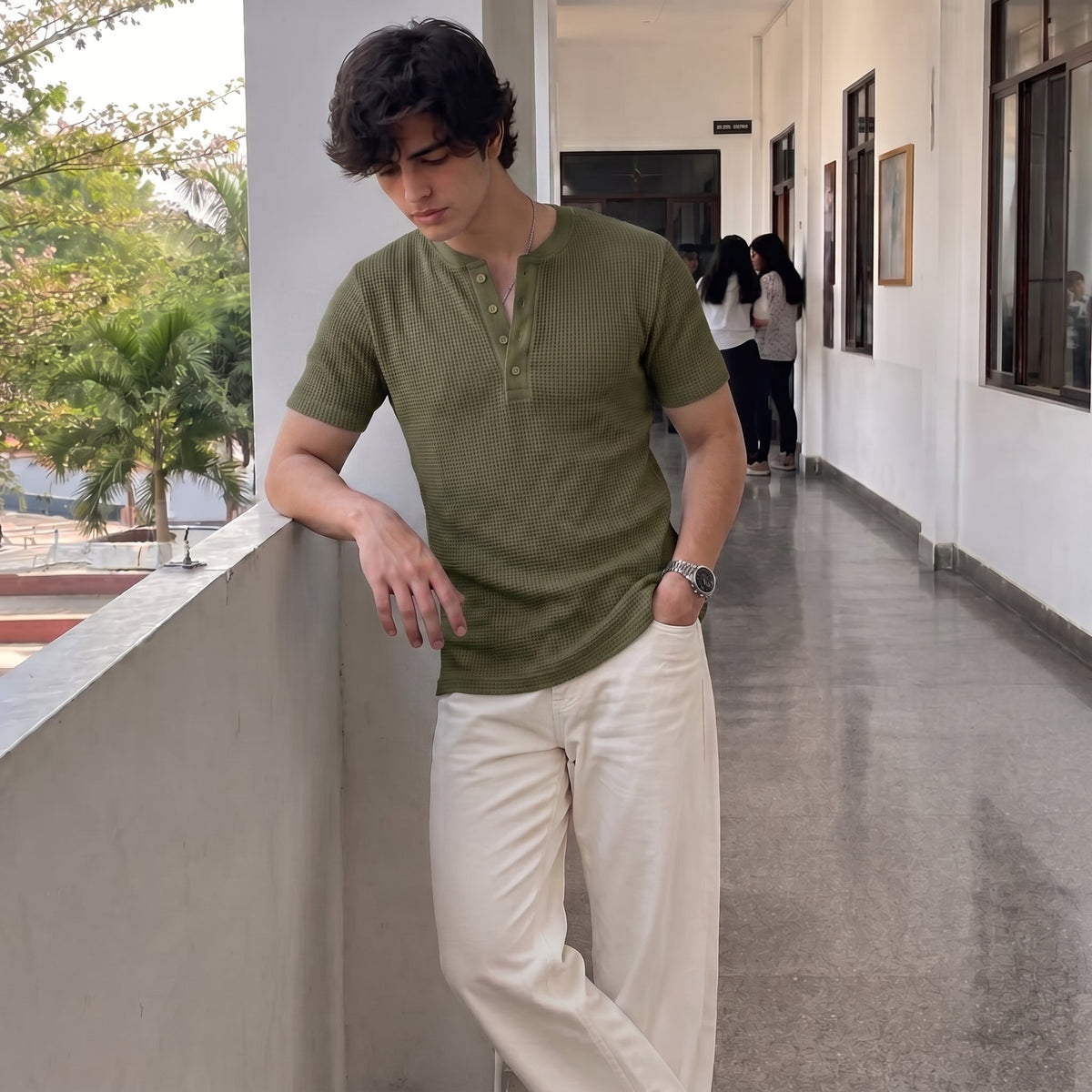 Waffle Knit Henley - Olive - Half Sleeves