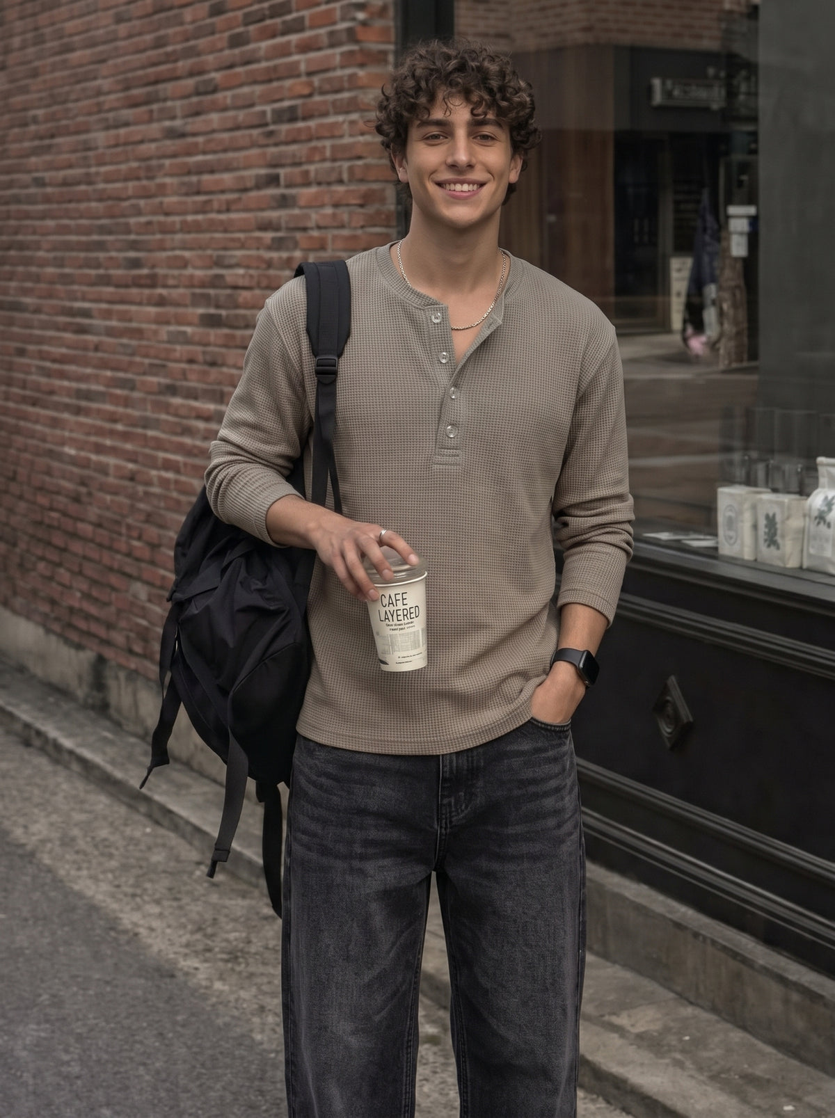 Waffle Knit Henley - Dusty