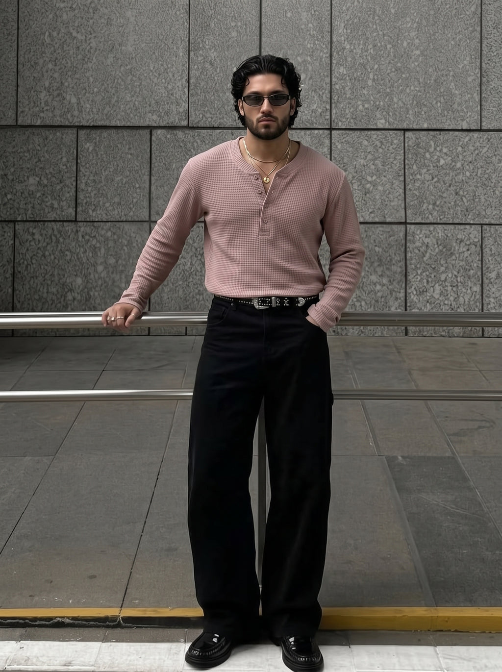 Waffle Knit Henley - Ash Rose