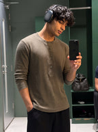 Waffle Knit Henley - Washed Olive