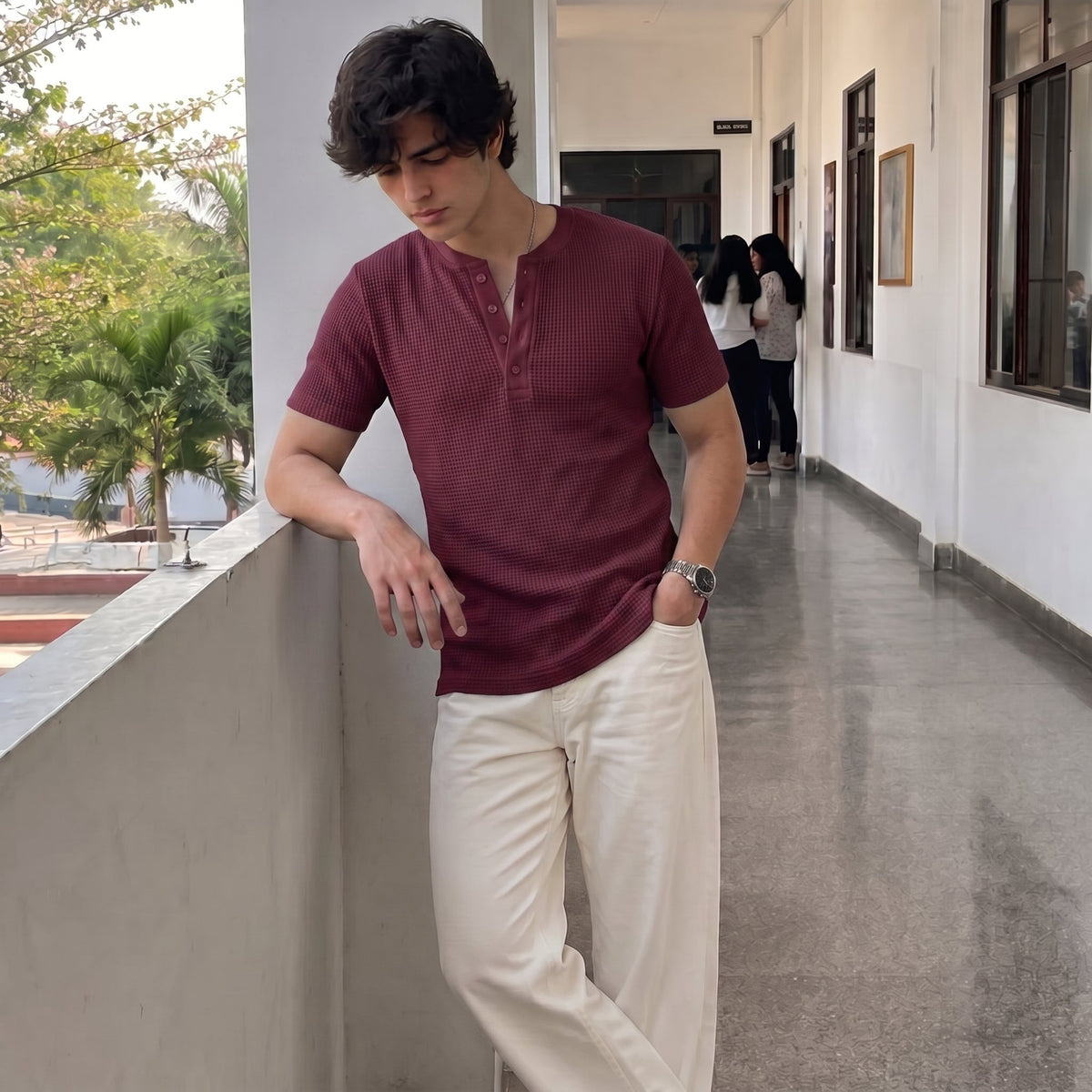Waffle Knit Henley - Maroon - Half Sleeves