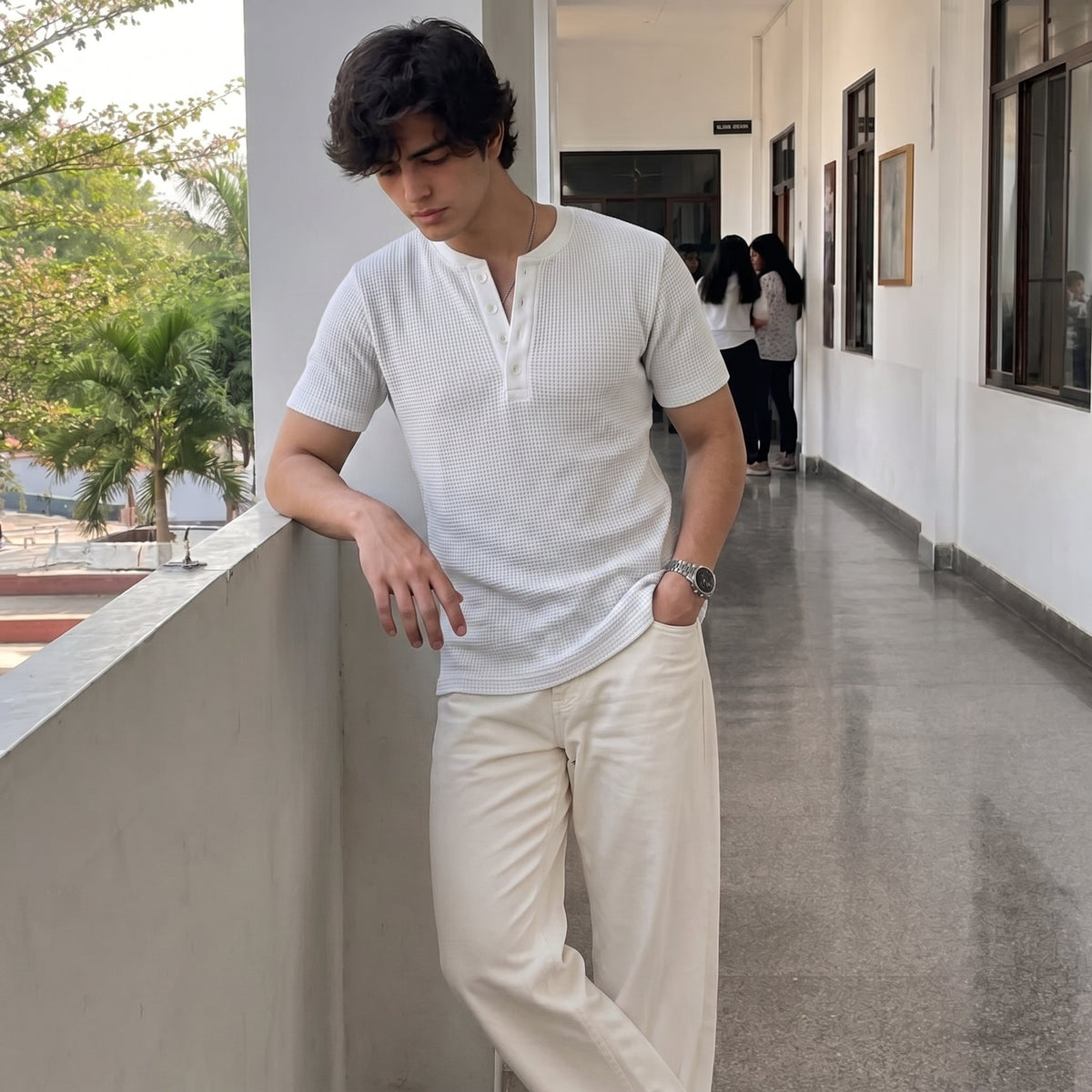 Waffle Knit Henley - White - Half Sleeves