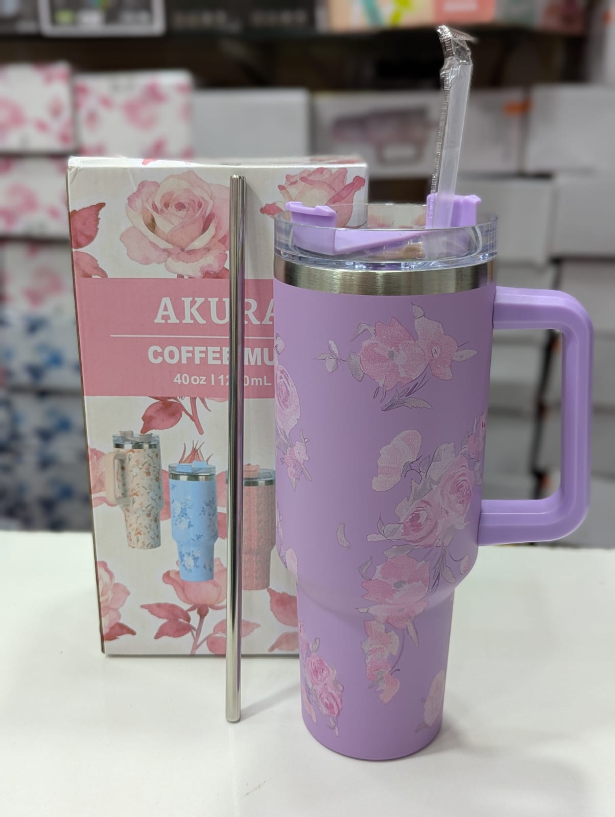 Flower printed 40oz Straw Tumbler with Handle