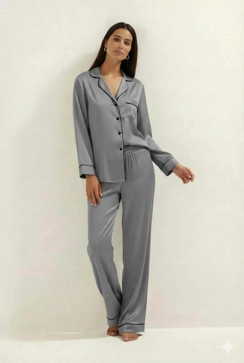 Silky Button Down Pajamas Set- GREY