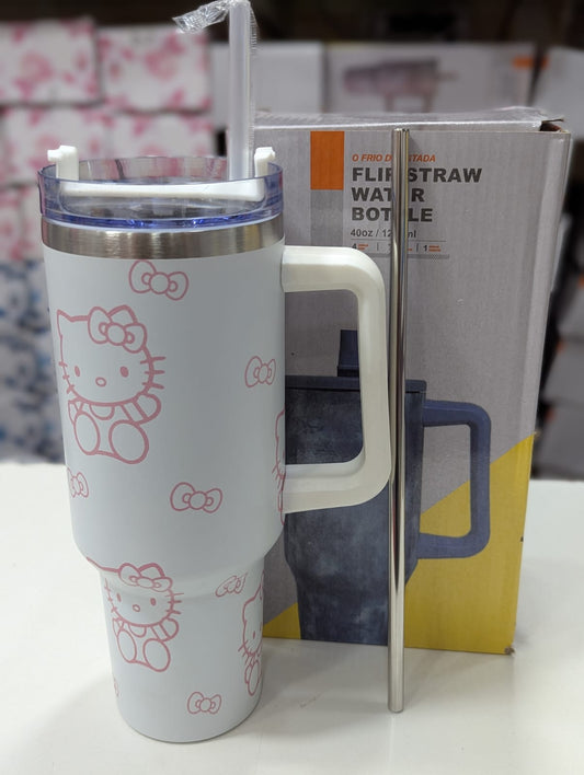 Kitty Bow 40oz Straw Tumbler with Handle