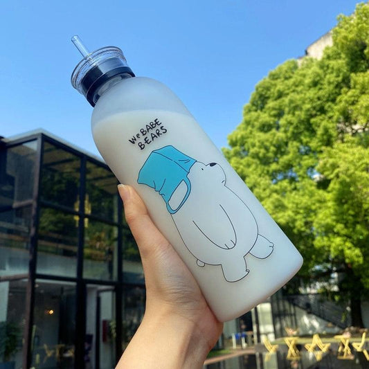 'We Bare Bears' Frosted Plastic Water Bottle with Straw - Ice Bear