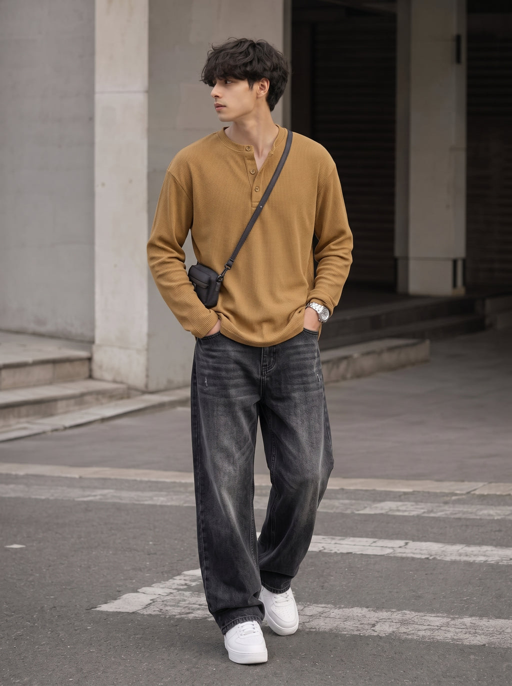 Waffle Knit Henley - Mustard