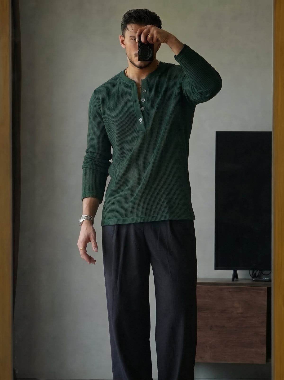 Waffle Knit Henley - Bottle Green