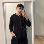 Waffle Knit Henley - Black - 02