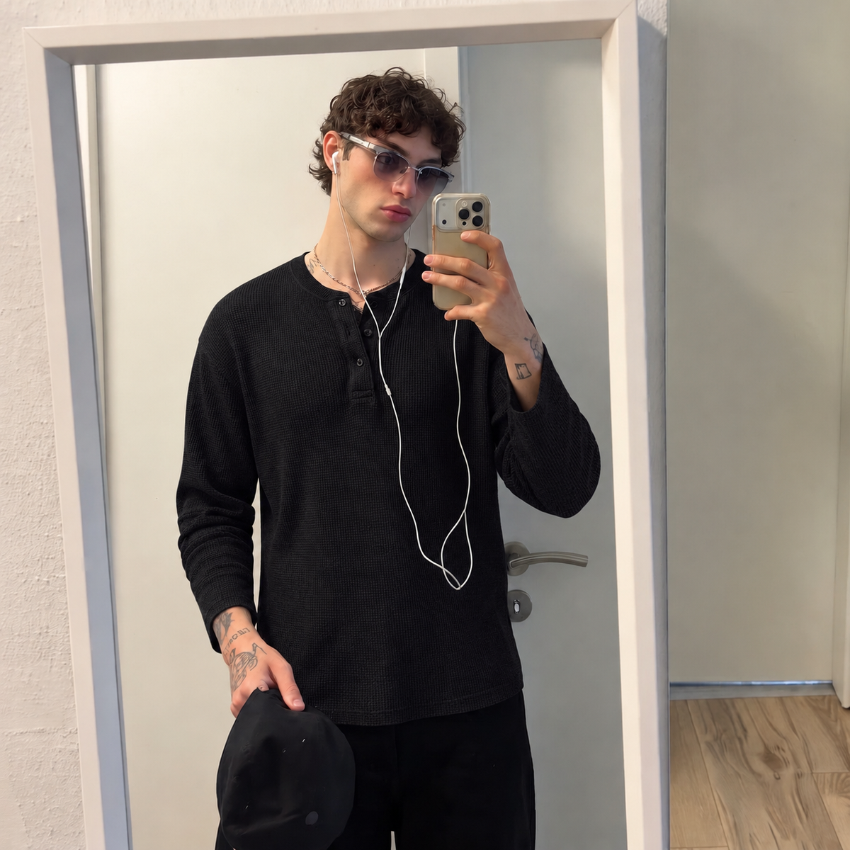 Waffle Knit Henley - Black - 02