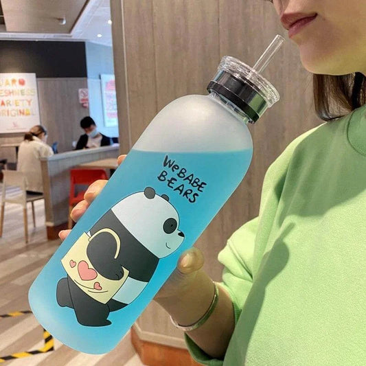 'We Bare Bears' Frosted Plastic Water Bottle with Straw - Panda