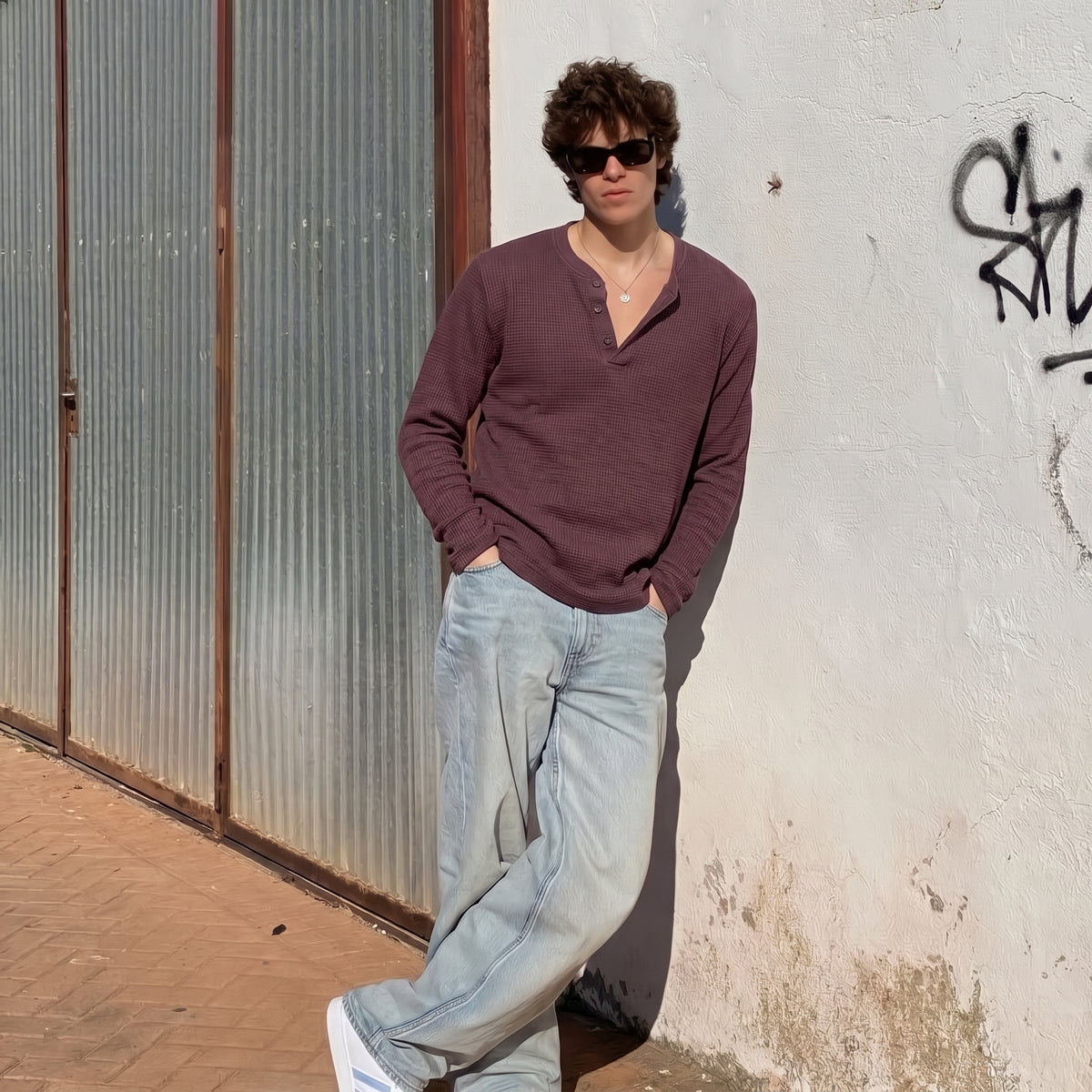 Waffle Knit Henley - Washed Burgundy