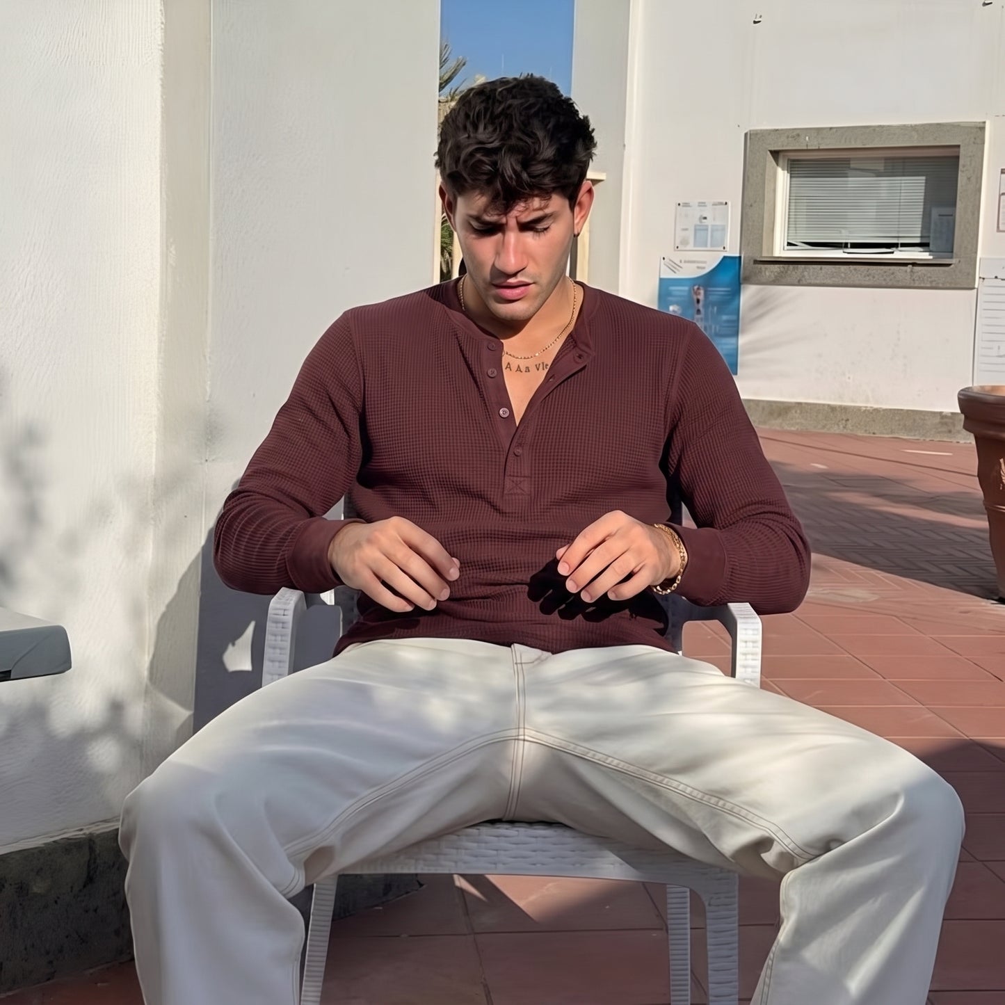 Waffle Knitted Henley Shirt - Maroon (Summer)