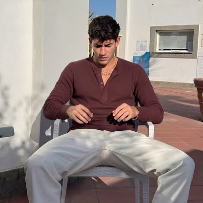 Waffle Knitted Henley Shirt - Maroon (Summer)